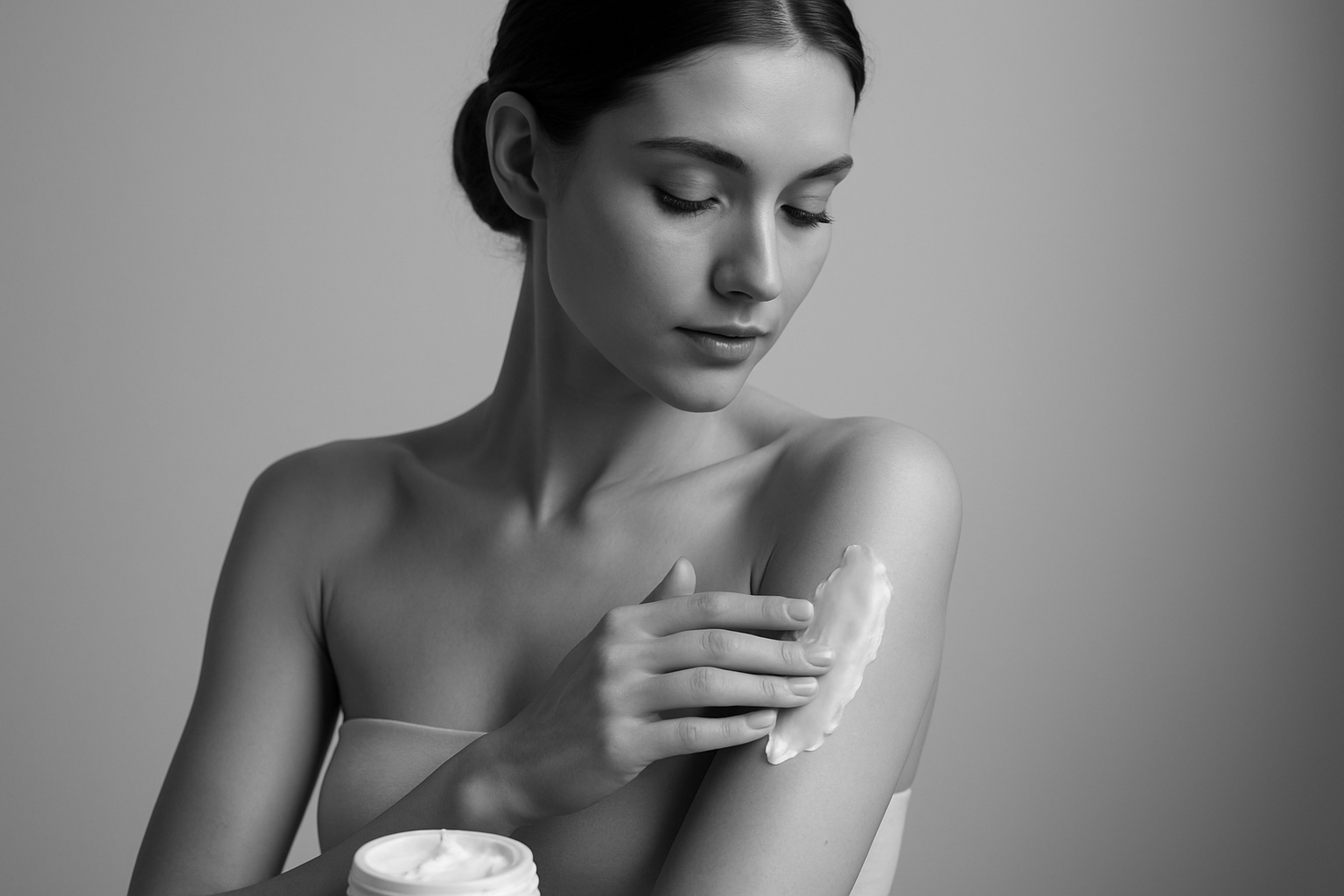 immafine in bianco e nero ragazza che mette crema corpo