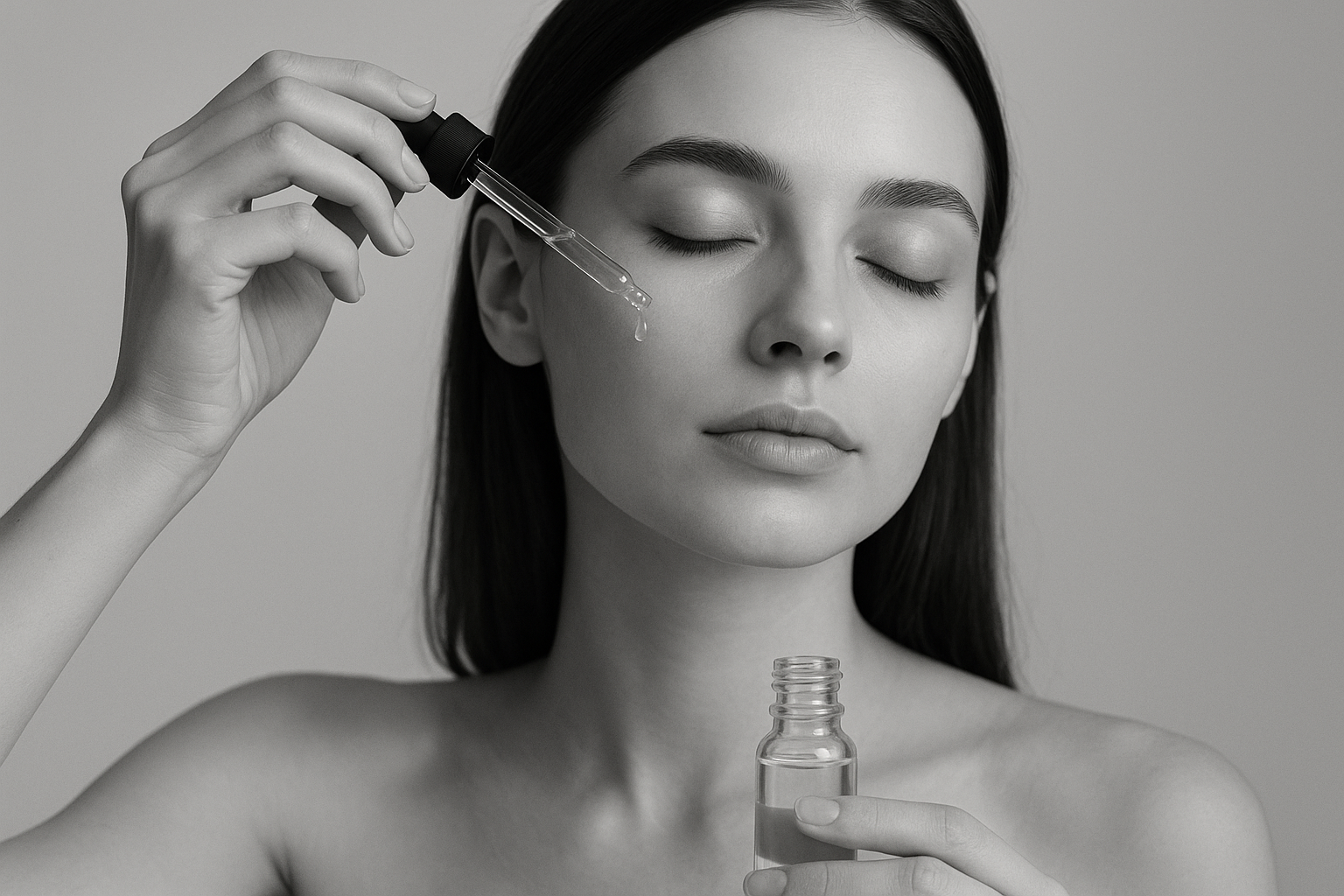 immagine in bianco e nero di ragazza che fa skincare con un siero viso